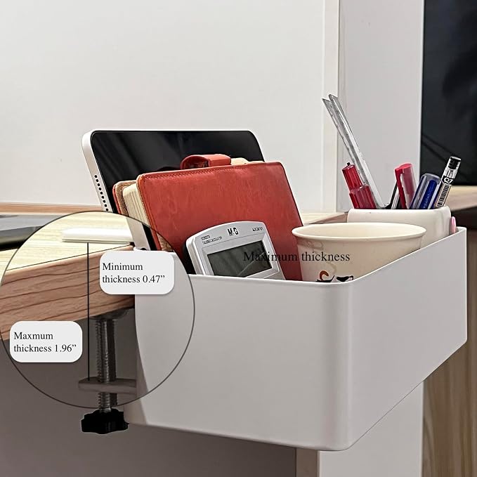 Desk Side Storage Hold Up To 11lbls Hanging Side Of Desk Organizer Clamp On Table Edge To Store Office Accessories, Gaming Devices, Cups For Office, Living Room, Dinning Room (White)