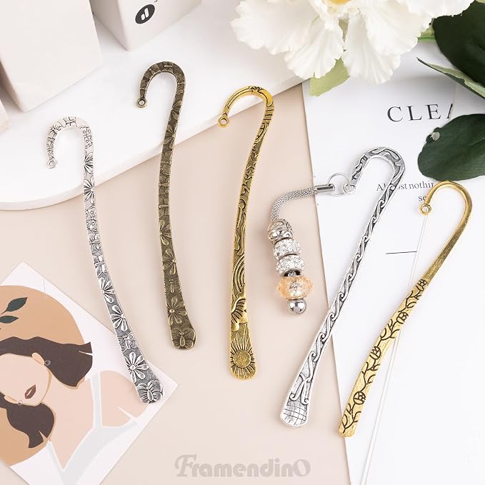 Framendino, 12 Pack Metal Bookmark Antique Tibetan Carved Hook Bookmarks with Loop for Crafting (4 Colors)