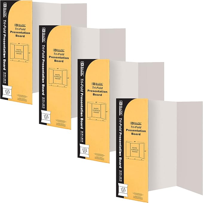 BAZIC Products White Tri-Fold Presentation Board, 36 x 48 in, Corrugated, for Science Fair Displays, 4 Pack