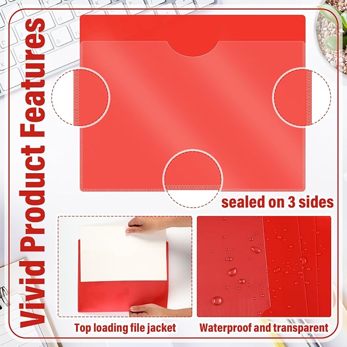 Kisston 25 Pack Heavy Duty Vinyl Plastic Folders with Clear Front Pocket File Jackets, Three Sided Closed, Letter Size Plastic Folders for Documents, 11.75 x 9.25 Inch (Red)