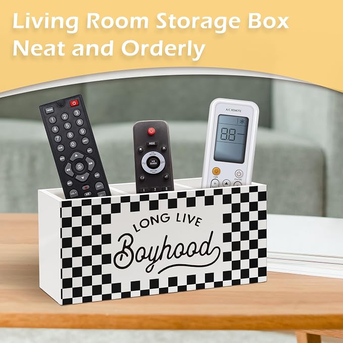 Long Live Boyhood Pen Pencil Holder, Checkered Desk Accessories, Black and White Checkered Wooden Pen Pencil Organizer for Boys Room Bedroom Playroom Office Desk Decor
