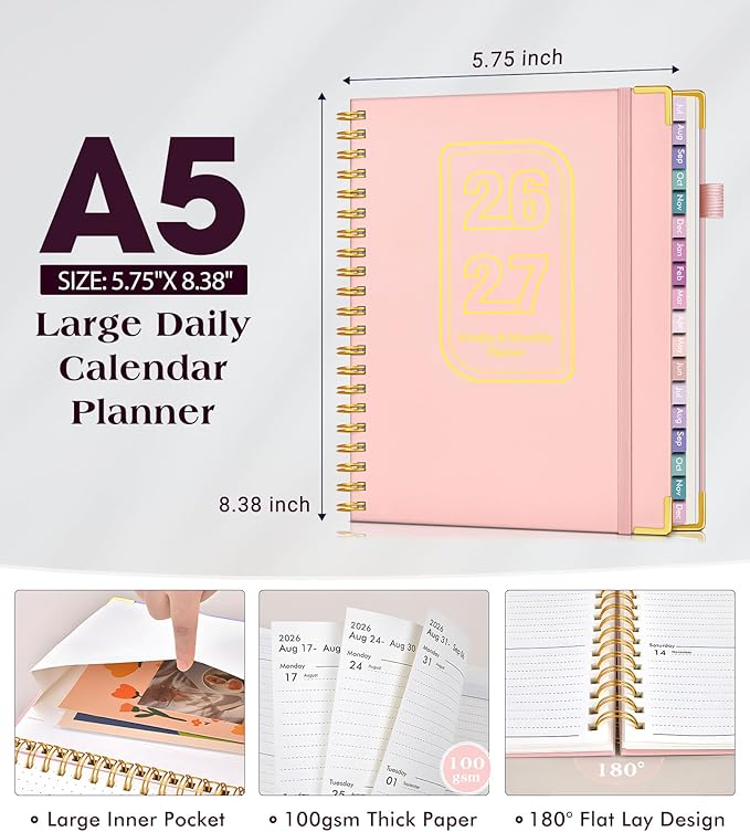Academic Planner 2026-2027, 18 Months Weekly and Monthly Hardcover Planner, July 2026 - December 2027, 8.5" x 11" A4 Large Daily Calendar Planner Book with Tabs, Spiral College School Agenda Organizer for Student Teacher, Pink