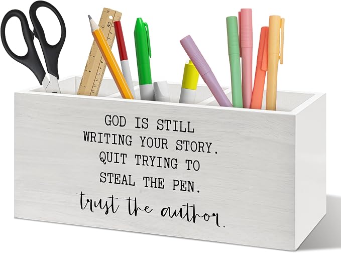 Inspirational Christian Pen Holder Organizer Desk Decor, Christian Gifts for Women, God Is Still Writing Your Story Bible Wooden Pen Pencil Holders for Home Office Desk Accessories