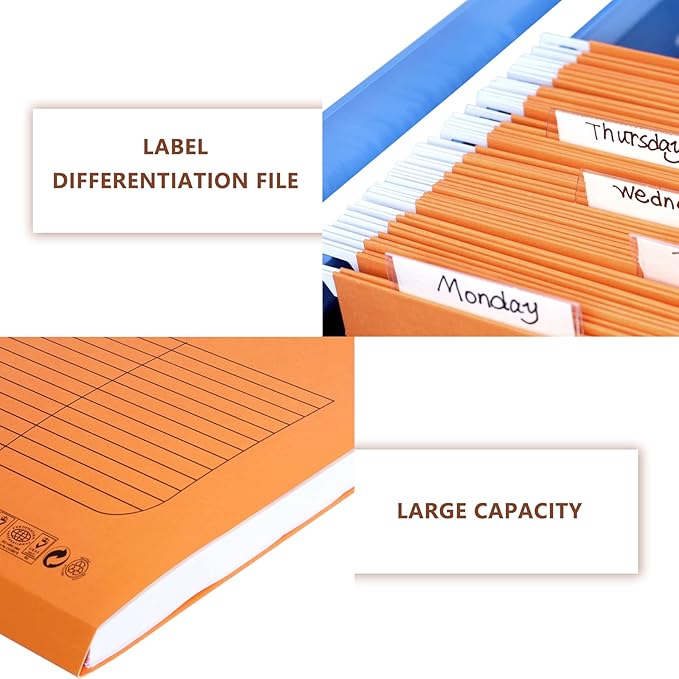 Hanging File Folder, A4 Suspension Files Holder, Hang Folder, Filing Cabinet Suspension File with Tab and Label for School Home Office, Orange, 25 Pack