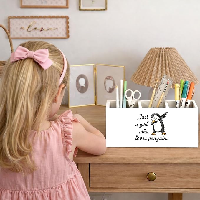 Just a Girl Who Loves Penguins Wooden Desk Organizer, Cute Penguin Design Pen Pencil Holder with 3 Compartments, Decorative Office Supply Storage Box for Desk, Home, Office, Gift for Penguin Lovers