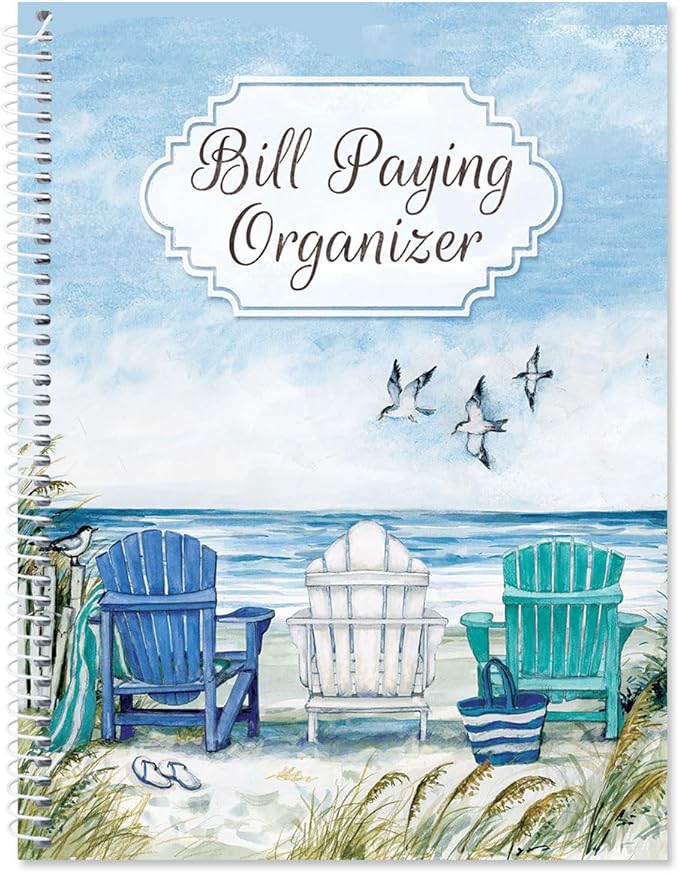 Current By The Sea Bill Paying Organizer Book - 9" x 12” Personal Account Book, Spiral Bound, 14 Storage Pockets, 32 Label Stickers, Monthly Finance & Payment Management Tracker for Home & Office