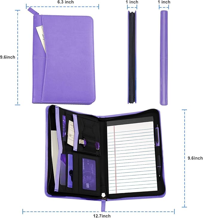 Lcjtop Junior Business Padfolio - A5 PU Leather Portfolio Binder & Zippered Binder Folder with 5 x 8 Writing Pad and Interior Storage Pocket Executive Business Organizer for Men Women,Purple