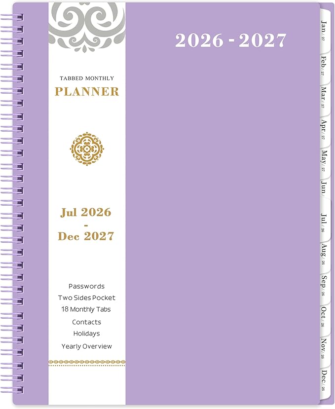 Monthly Planner 2026-2027 - Planner 2026-2027, 26-27 Monthly Calendar, JUL 2026 - DEC 2027, 18-Month with Tabs, Pocket, Label, 9" * 11", Purple Cover