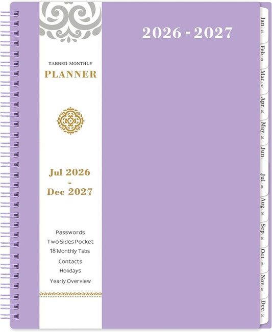 2026-2027 Monthly Planner - Monthly Planner/Calendar, 18 Month Planners with Tabs & Pocket, Contacts and Passwords, Thick Paper, Twin-Wire Binding - Purple (9" x 11")