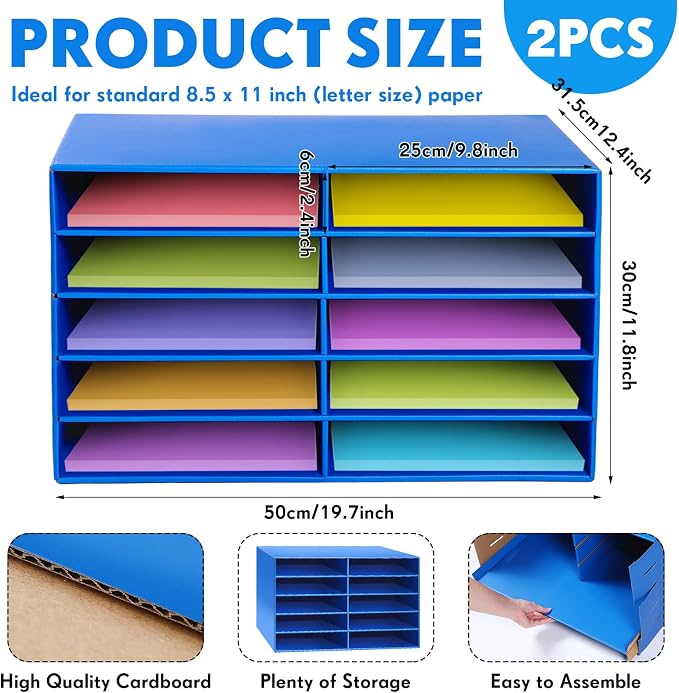 Fuutreo 2 Pcs Construction Paper Storage, Classroom Mailboxe, Back to School Literature Sorter, Sturdy Cardboard Paper Organizer for Teacher, Student, Office, 29.5" x 14.2" x 12.4"(10 Slots,Blue)