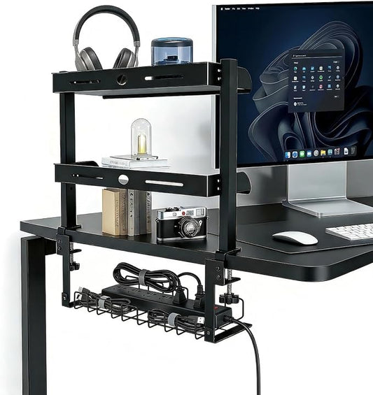 Clamp On Desk Shelf, 17'' 2-Tier Desktop Organizer Shelf with Under-Desk Hidden Storage Basket, Heavy-Duty Desk Shelves for Top of Desk, Space-Saving Desk Storage for Home Office Gaming Setup (Black)