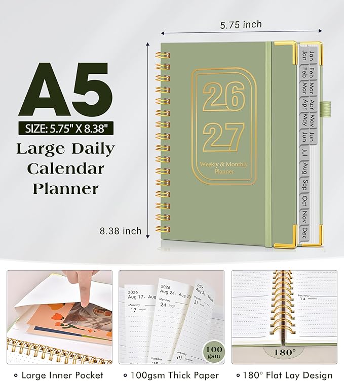 Planner 2026-2027, 18 Months Weekly and Monthly Hardcover Planner, January 2026 - June 2027, 5.75" x 8.38" A5 Daily Calendar Planner Book with Tabs, Spiral Yearly Agenda Organizer Notebook for School Work Home, Green