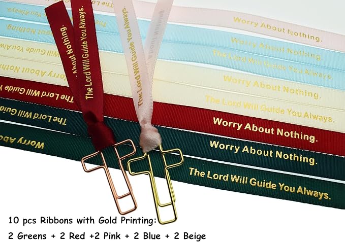 Cross Paper Clips with Ribbons Set. 30 Gold Paper Clips 10 Bible Religious Ribbons, Christian Gifts for Women Easter Eggs fillers