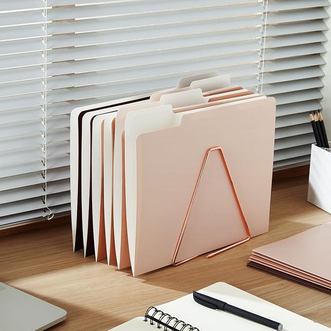 Y YOMA Hanging File Organizer, Letter Size Rose Gold Metal Desk File Crate Storage Basket for Home Office, 1 Pack, with Coco Mocha Folder Combo
