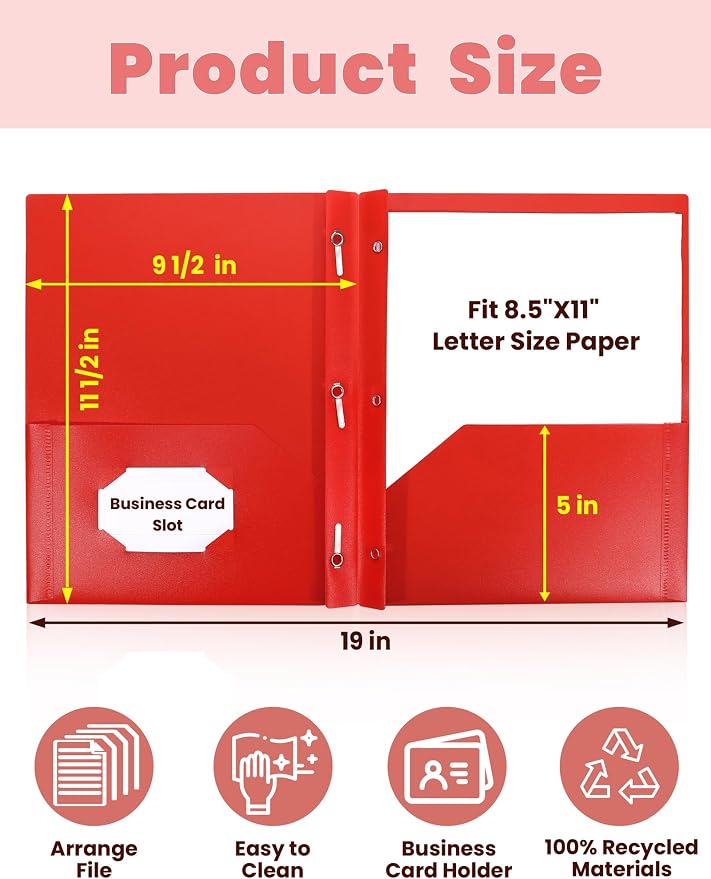 SUNEE Pocket Folders with Prongs(5 Pack, Assorted Colors) Recycled Plastic Folders with Pockets and Prongs Fit Letter Size, Poly Folders with Pockets for School Office Home