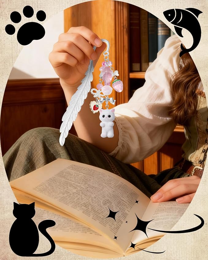 Buleens 2 Pack Bookmarks for Women Reading - Book Marks for Readers Book Lovers, Cute Cat Pink Grey Personalized Metal Bookmark with Pendants, Pretty and Aesthetic Book Accessories Reading Gifts