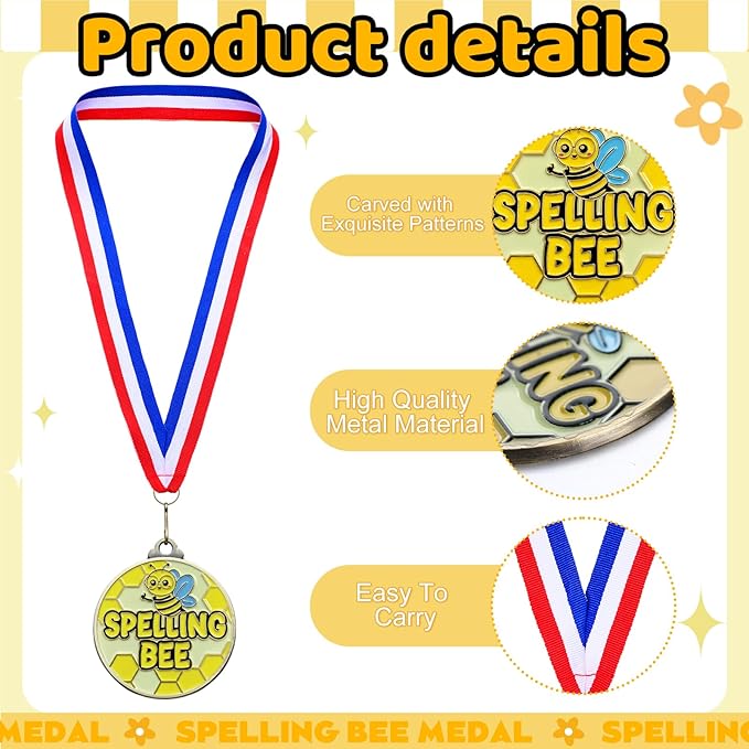Cunno 20 Pcs Spelling Bee Medals Bulk 2'' Spelling Bee Honeycomb Award Medals with Neck Ribbon Trophy Prizes Winner Gift for School Classroom Students Teaching Competitions Supplies