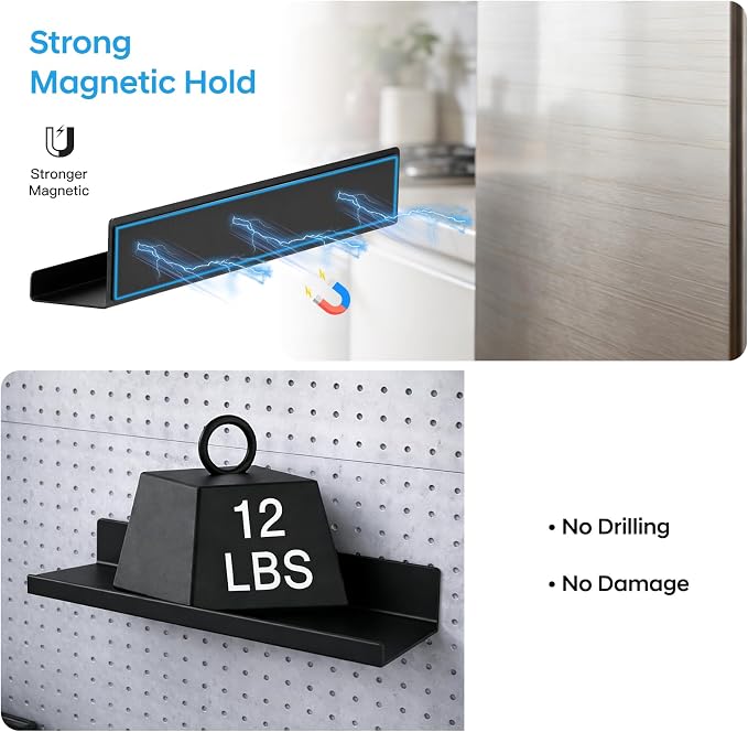 2 Pack 13.5" Metal Magnetic Bookshelf for Whiteboard, Strong Reusable Magnetic Display Shelf, Holds up to 12 lbs, Storage Organizer for Classroom, Kids Room, Office, Kitchen & Garage