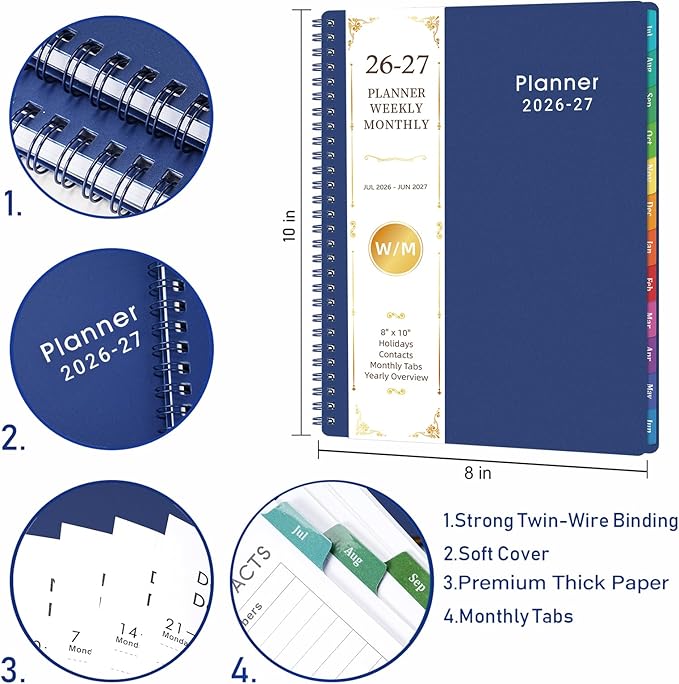 Planner 2026-2027 - Weekly and Monthly Planner 2026-2027 (Jul 2026 - Jun 2027), 8'' x 10'' with Monthly Tabs, 26-27 Calendar Planner, Twin-Wire Binding, Thick Paper, Flexible Cover - Deep Blue