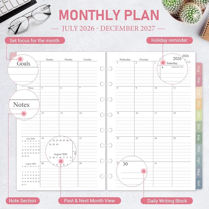 2026-2027 Monthly Planner Refill, Jul. 2026 - Dec. 2027, A5 Medium Size Planner Inserts for 8-Disc Discbound, 5.5"x8.5", 18 Monthly Calendars with Colorful Laminated Tabs