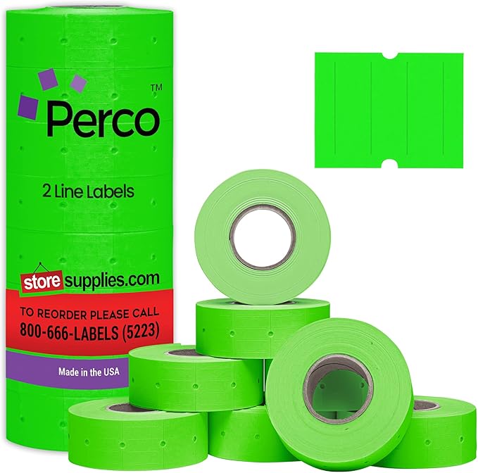 Perco 2 Line Fluorescent Green Labels - 8 Rolls, 1 Sleeve, 6,000 Blank Price and Date Gun Labels for Perco 2 Line Price and Date Guns - Made in USA