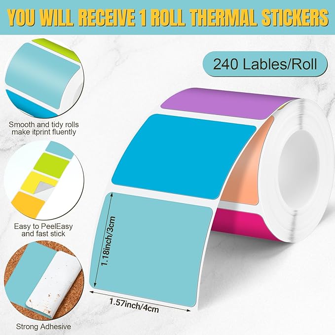 Ctosree 240 Pcs/ 1 Roll Square Thermal Sticker Labels Self Adhesive Direct Thermal Labels Multipurpose Printer Paper for DIY, Name Tag, 1.18 x 1.57 inches/ 30 x 40 mm(Vibrant Color)