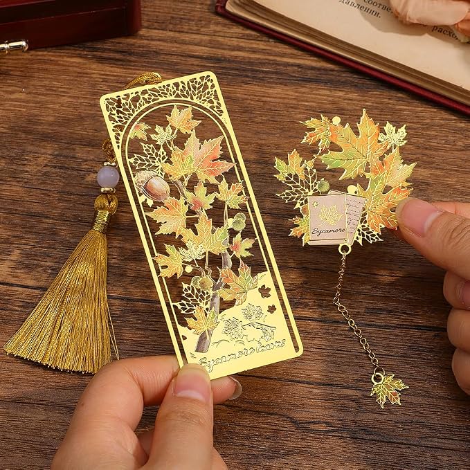 icceemee 2PCS Maple Leaf Theme Bookmark, Cute Bookmark for Women with Hollow-Out Square & Irregular Design, Natural Tassel Book Marks Set in Gift Box, for Book Lovers