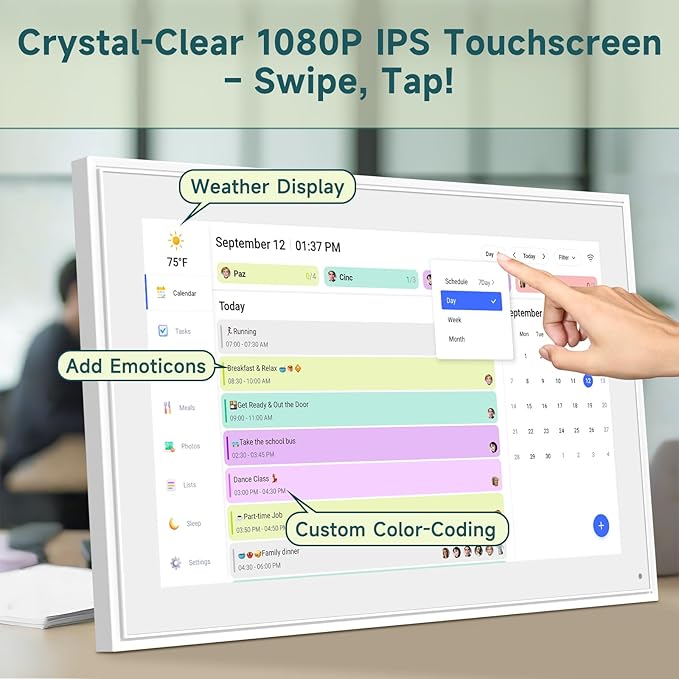 21.5 Inch Digital Wall Calendar – Rewards for Chores! Smart Electronic Family Organizer with Touchscreen, Meal Planner & Photo Frame, Syncs with Google/iCloud, for Wall or Desk, White (New Version)