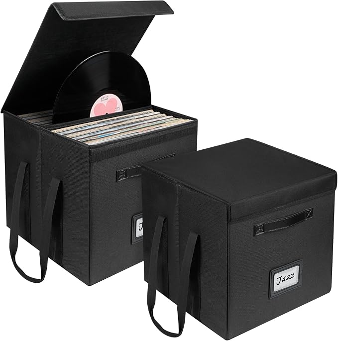 Uniclife 2 Pack Vinyl Record Storage Box, Collapsible LP Storage Organizer with Lid & Handles, Splash-Resistant Album Storage Crate for 120 Single Records (12"), Vinyl Record Holder, 13" × 13" × 13"