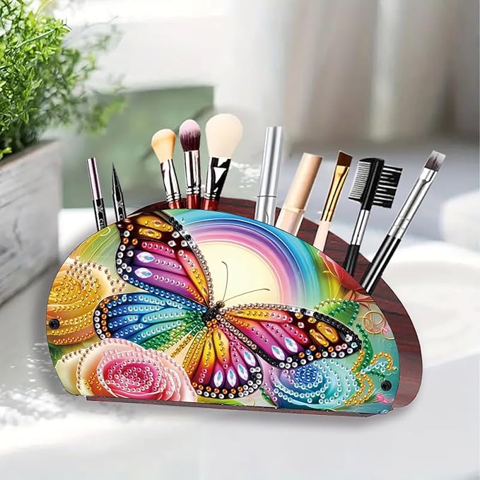Remote Control Holder with 4 Compartments, DIY Diamond Art Painting Wooden Half Moon TV Control Holder for Remote Controllers, Office Supplies, Makeup Brush, Media Accessories-Butterfly-1