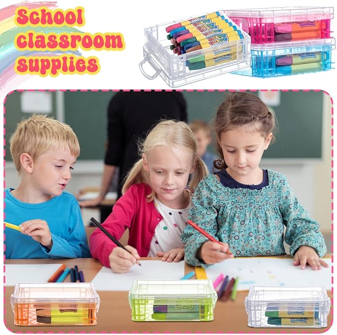 Suzile 25 Pcs Plastic Crayon Boxes with Snap Lids Crayon Storage Organizer Stackable Container Bulk Pencil Case for Pen Crafts Classroom Supplies(Clear, Red, Blue, Green,Orange)