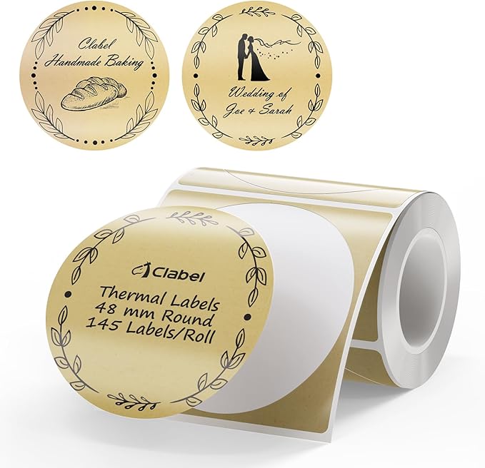 Clabel Round Kraft-Print Labels - 1 Roll x 1.89'' (48x48mm) Patterned with Border (2 Designs), Thermal Glossy, Home/School/Office for CLABEL 221B/220B/230B Label Maker, 145PCS/Roll