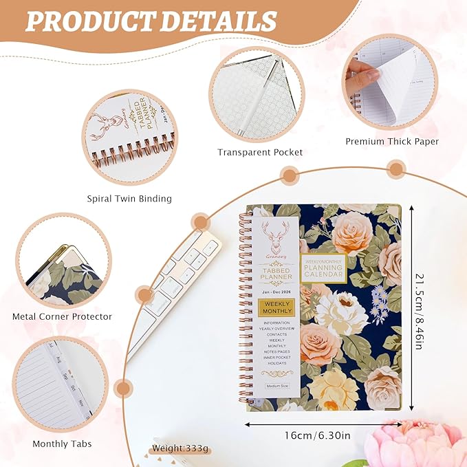 2026 Appointment Book, Weekly and Monthly Calendar Planner for Women, Jan 2026 - Dec 2026, Hardcover Planning Agenda book with Tabs, Spiral Bound, Inner Pocket, Perfect for School Office Supplies, 8.4" x 6.3" (Rosa)