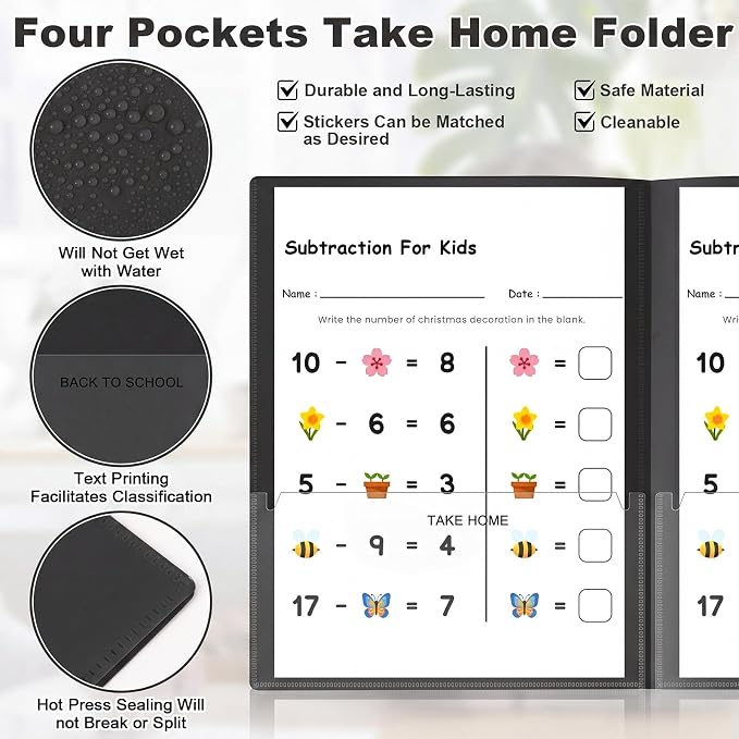 Henoyso 48 Pcs Take Home Folder Heavy Duty 2 Clear Front Pockets and 2 Inside Pockets Homework Folders for School Students Parent Teacher Classroom Communication (Black)