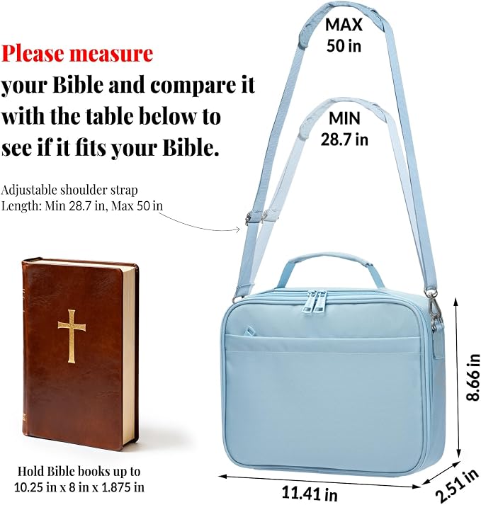 SUNEE Bible Cover for Women, Large Bible Bag w/Shoulder Strap Carrying Book Case w/Pen Slots and Zippered Pocket, Gift for Women & Men, Blue