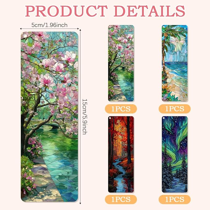 4 Pcs Seasons Transparent PVC Bookmarks with Tassels, Stained Glass Art Bookmark Gifts for Women Men, Elegant Book Loves Accessories, Fantasy Reader Gift for Bookish Men