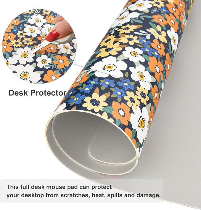 Colorful Star Large Mouse Pad, Floral Desk Mat Office Supplies, Waterproof Faux Leather Big Gaming Mousepad for Women Girls, Ditsy Wild Flowers Desk Pad Home Office Décor Accessories 31.5" x 15.7"