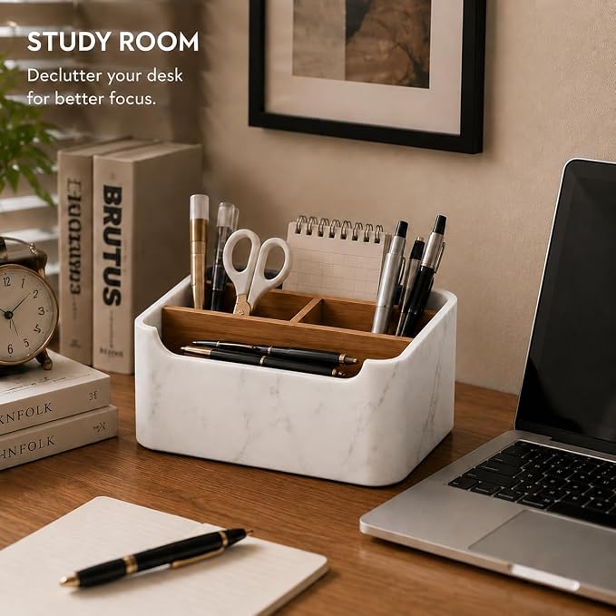 Remote Control Holder with Removable Wood Compartments for Media Devices, Desktop Stationery, and Bedside Nightstands,White