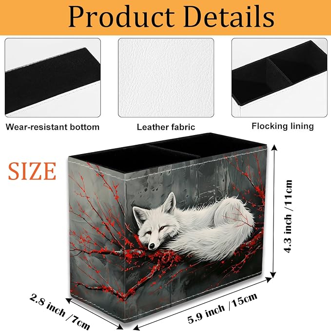 Pen Holder for Desk, PU Leather Multifunctional Desktop Storage Box and Anti-Slip Mouse Pad Set, Makeup Brush Holder Pen Organizer for Office and Home - Fox and Red Branch