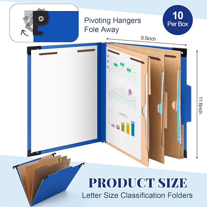 10 Pack Hanging Classification Folders, 3 Pocket Dividers, Letter Size, 8 Fasteners, 4" Expansion, 1/3 Tab Cut, Recycled Pressboard Manila File Folder Bulk Organizer for School Office Medical Law
