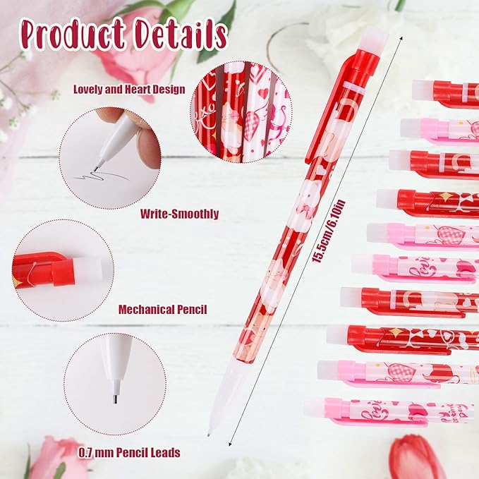 DIYASY 48 Pcs Valentines Mechanical Pencils, Valentine's Day Machine Pencil Bulk with Erasers Party Favor Supplies Classroom Rewards Prizes Stationery Decorations