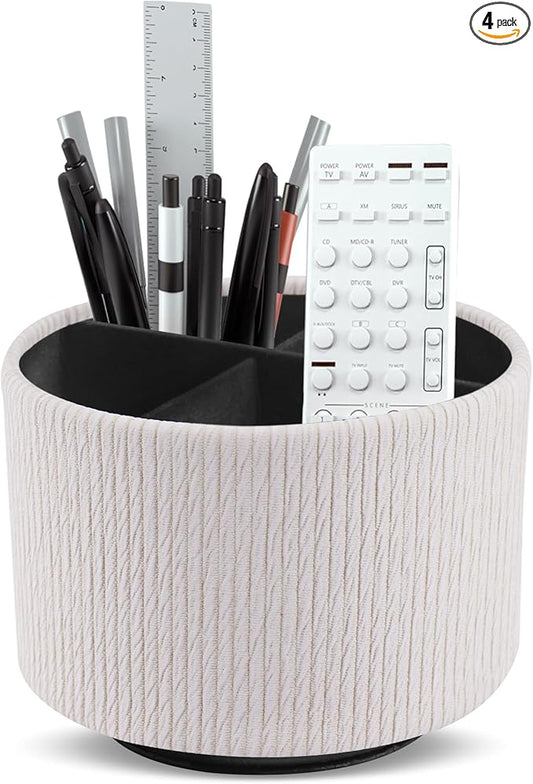 Round Leather Art Supply Organizer,Remote Control Holder,360 Degree Spinning,Multi-Functional Pencil Holder,4 Compartments Desktop Stationary Organizer(1-Wood Beige)