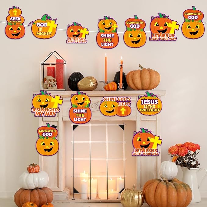 QOUBAI 36PCS Thanksgiving Religious Pumpkin Cutouts Christian Jesus Bulletin Board Fall Halloween Cardboard Door Sign Religious Holiday Wall Decor Kit Autumn Classroom Window Door Party Favor Supplies