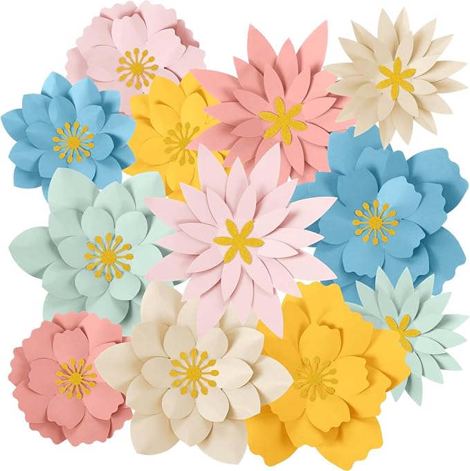 MotiMind 12 Pcs Paper Flowers Decorations for Wall DIY Paper Flowers Bulletin Board 3D Handcrafted Backdrop Decoration for Classroom Back to School Party(Morandi Color)