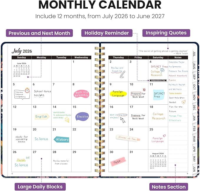 Planner 2026–2027, Academic Planner Weekly and Monthly Calendar Jul 2026 – Jun 2027 Hardcover Planner with Tabs and Pocket, Spiral Bound Agenda Book for Student & Teacher, 6.3" x 8.5", Ink Blossoms