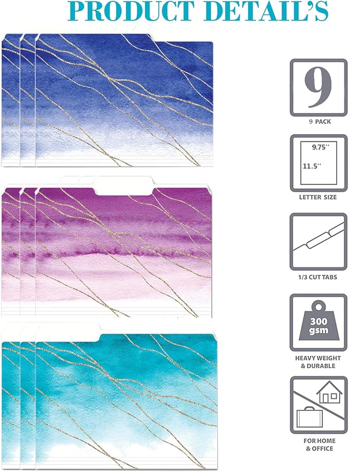 9 Decorative File Folders for Women – Cute Watercolor and Gold Design Colored File Folder Letter Size 1/3 Cut Tabs - Office Supplies Organizers for Females - 9.75" x 11.5"