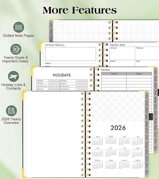 2026 Planner, Hardcover Leather Weekly and Monthly Planner, January 2026 - December 2026, Spiral Yearly Agenda Organizer Book 2026 with Tabs, Daily Calendar Planners for School Work Home, A4 (8.5" x 11"), Black