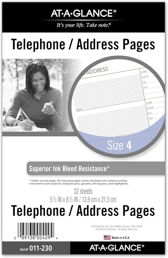 AT-A-GLANCE Day Runner Telephone and Address Pages, Refill, Loose-Leaf, Undated, for Planner, 5-1/2" x 8-1/2", Size 4, 32 Sheets/Pack (011-230)