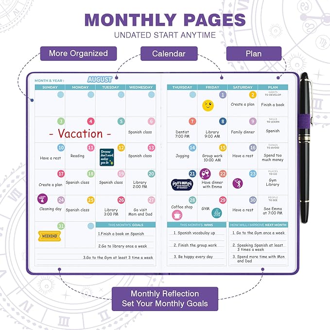 Undated 12 Month Planner Hardcover (5.5x8.5") - Weekly & Monthly Academic Life Organizer, Productivity Journal, Thick Paper, Sticker, Bookmark, Pen Loop(Purple)
