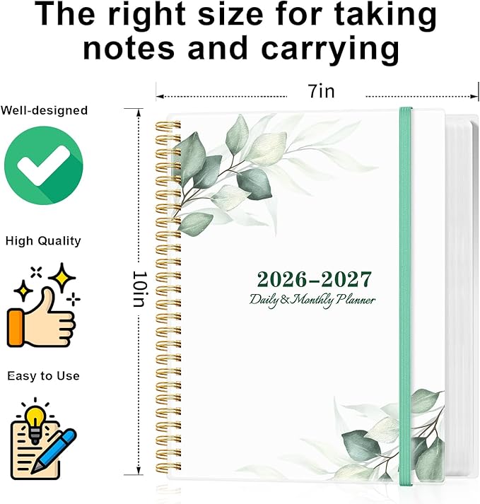 2026-2027 Daily & Monthly Planner Calendar - Daily Planner Calendar One Page Per Day from July 2026 to June 2027, Flexible Cover, 7" x 10", Storage Pocket, Green Leaf